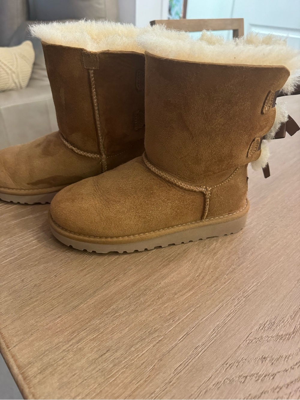 UGG Chestnut Shearling Mini Boots with Back Ribbon Bows - Picture 3 of 5